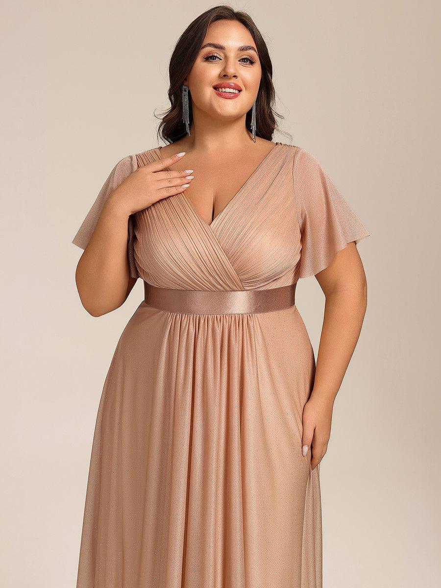 Glitter V-Neck Ruched A-Line Midi Wedding Guest Dress