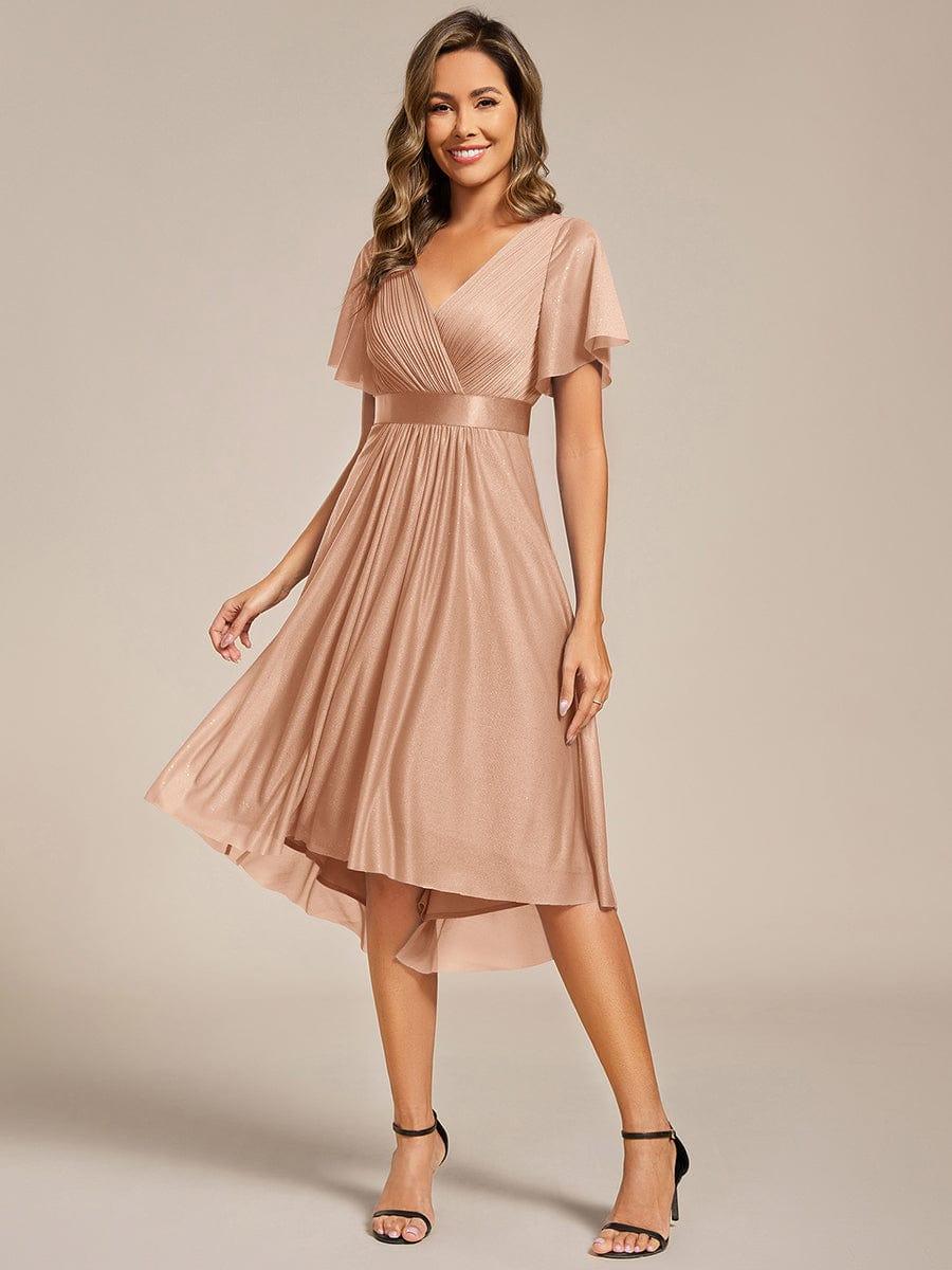 Glitter V-Neck Ruched A-Line Midi Wedding Guest Dress