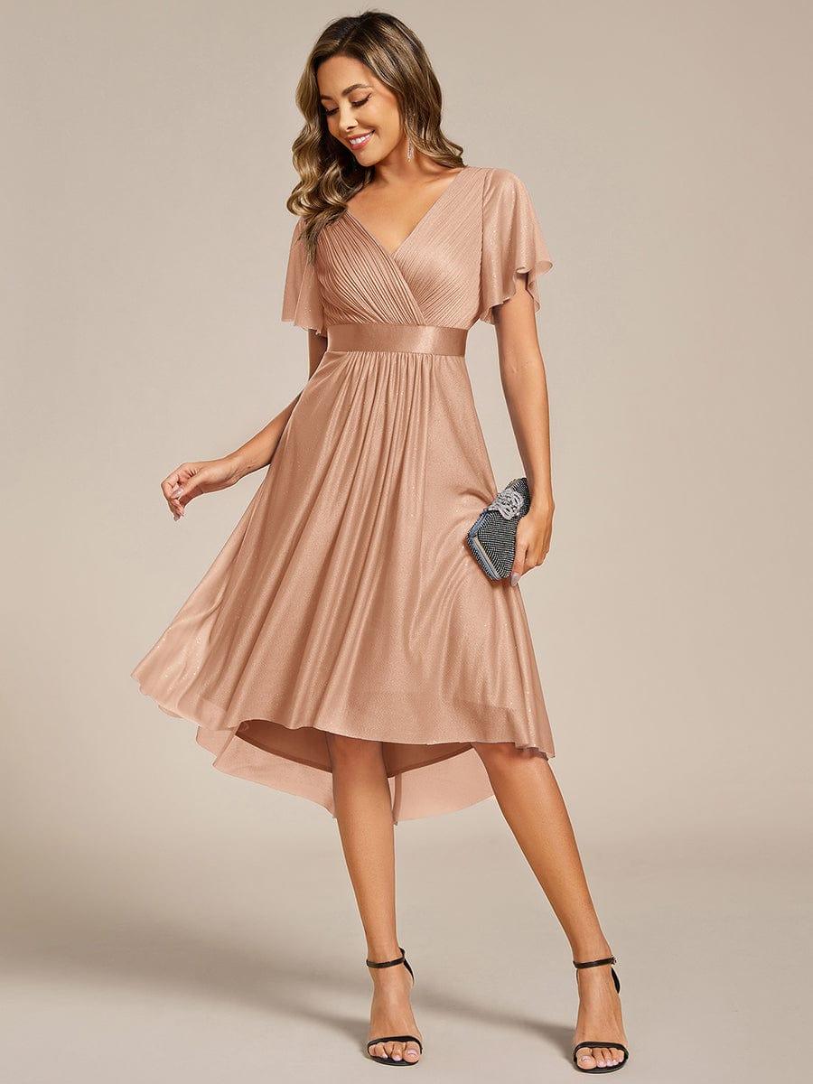 Glitter V-Neck Ruched A-Line Midi Wedding Guest Dress