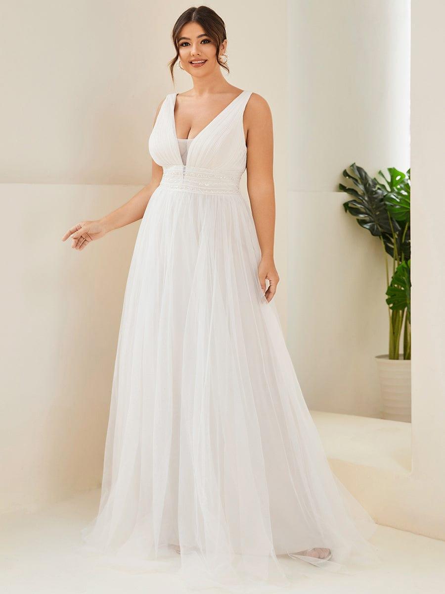 Plus Size V-Neck Lace Pleated A-Line Wedding Dress