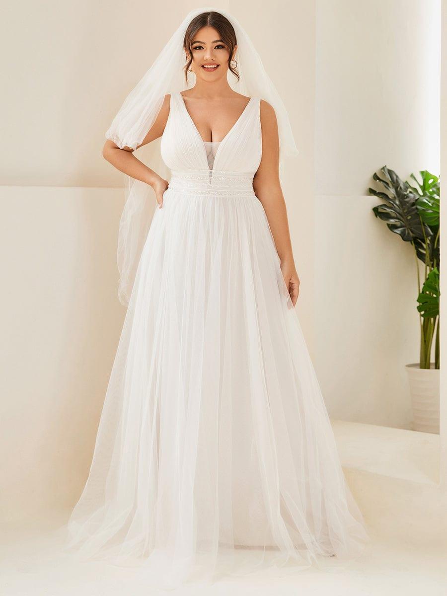 Plus Size V-Neck Lace Pleated A-Line Wedding Dress