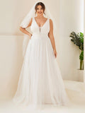 Plus Size V-Neck Lace Pleated A-Line Wedding Dress