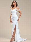Elegant Pleated Slit Mermaid Wedding Dress with Pearl Cold Shoulder 