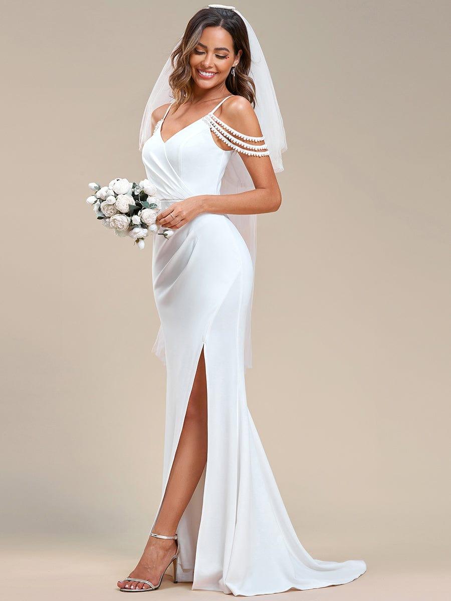 Elegant Pleated Slit Mermaid Wedding Dress with Pearl Cold Shoulder 