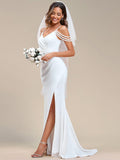 Elegant Pleated Slit Mermaid Wedding Dress with Pearl Cold Shoulder 