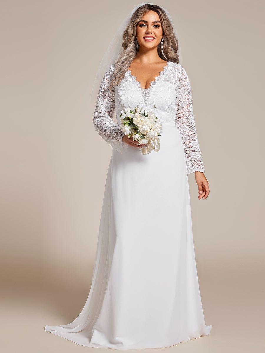 Plus Size V-Neck Wedding Dress with Long Lace Sleeves