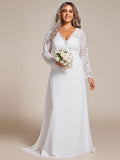 Plus Size V-Neck Wedding Dress with Long Lace Sleeves
