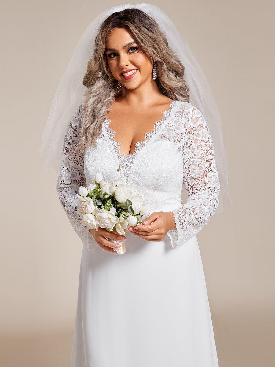 Plus Size V-Neck Wedding Dress with Long Lace Sleeves