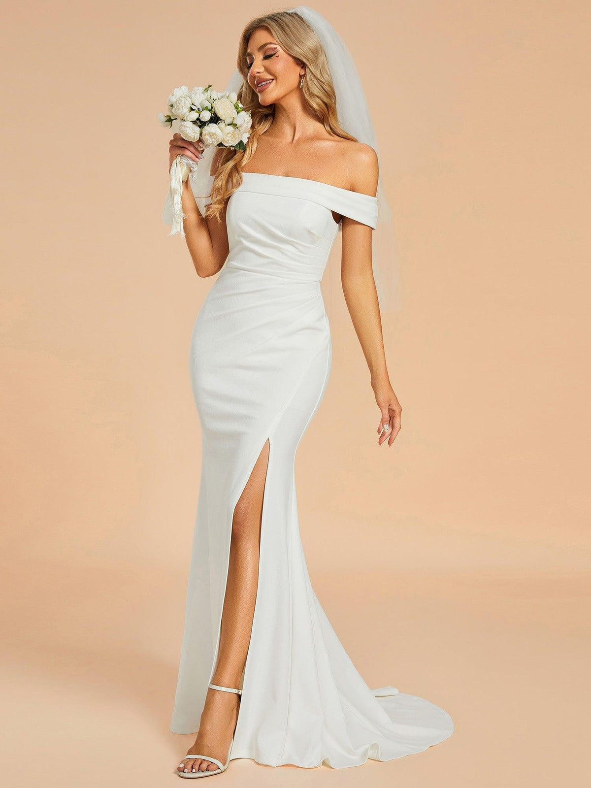 Off the Shoulder Ruched Mermaid Wedding Dress with Slit