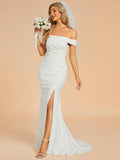 Off the Shoulder Ruched Mermaid Wedding Dress with Slit