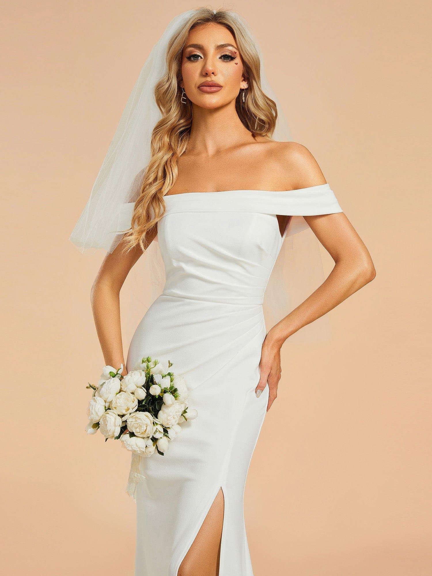 Off the Shoulder Ruched Mermaid Wedding Dress with Slit