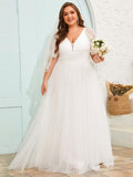 Classy Plus Size V-Neck Lace A-Line Wedding Dress