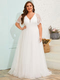 Classy Plus Size V-Neck Lace A-Line Wedding Dress