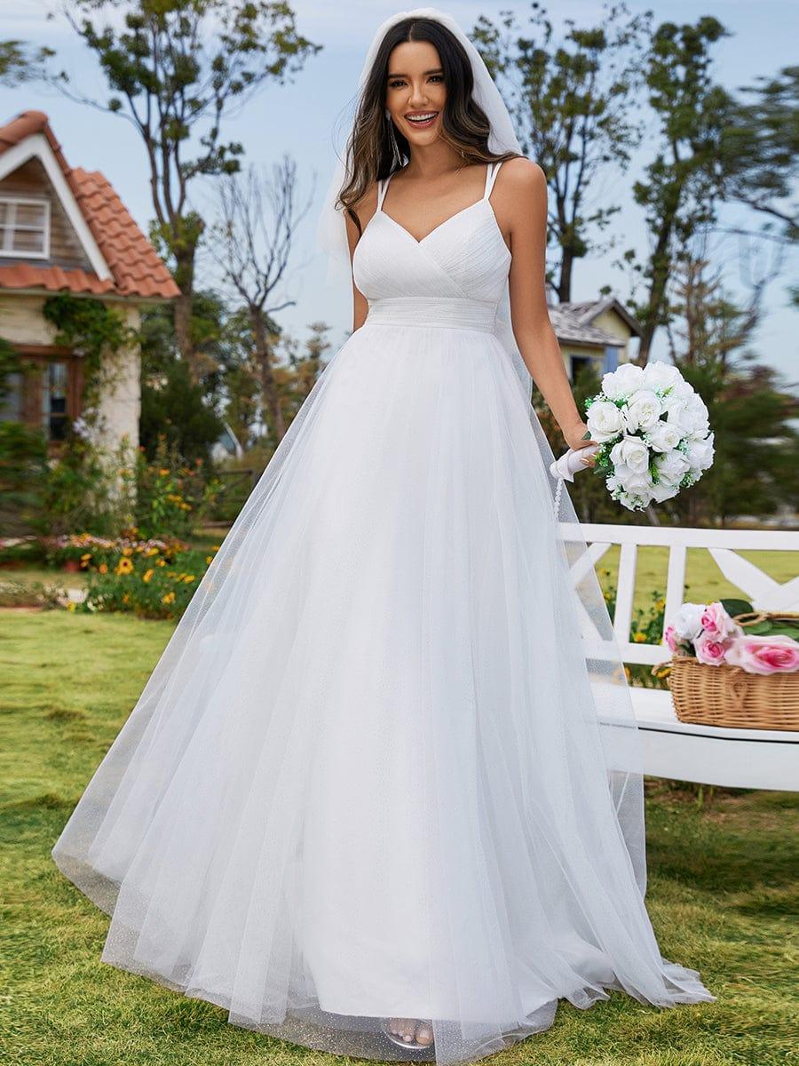 Double Straps Pleated A-Line Wedding Dress with Bow Back