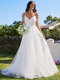 Dreamy Spaghetti Straps Applique A-Line Wedding Dress