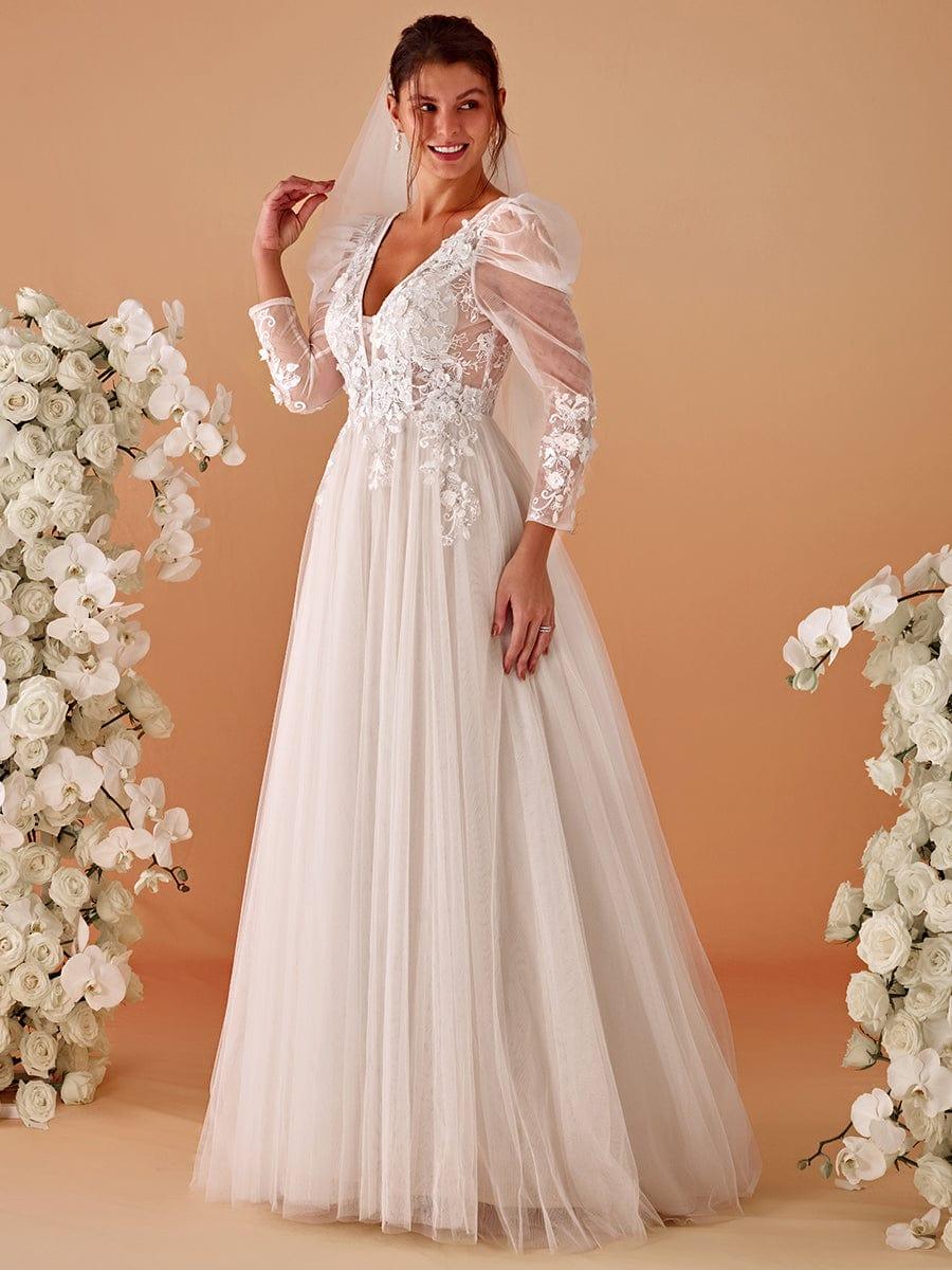 Plunging Neck Lace Applique Wedding Dress with Long Sleeves