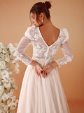 Plunging Neck Lace Applique Wedding Dress with Long Sleeves