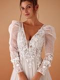 Plunging Neck Lace Applique Wedding Dress with Long Sleeves