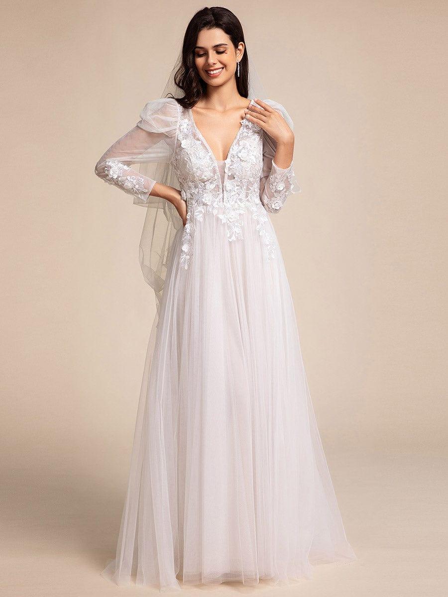 Plunging Neck Lace Applique Wedding Dress with Long Sleeves