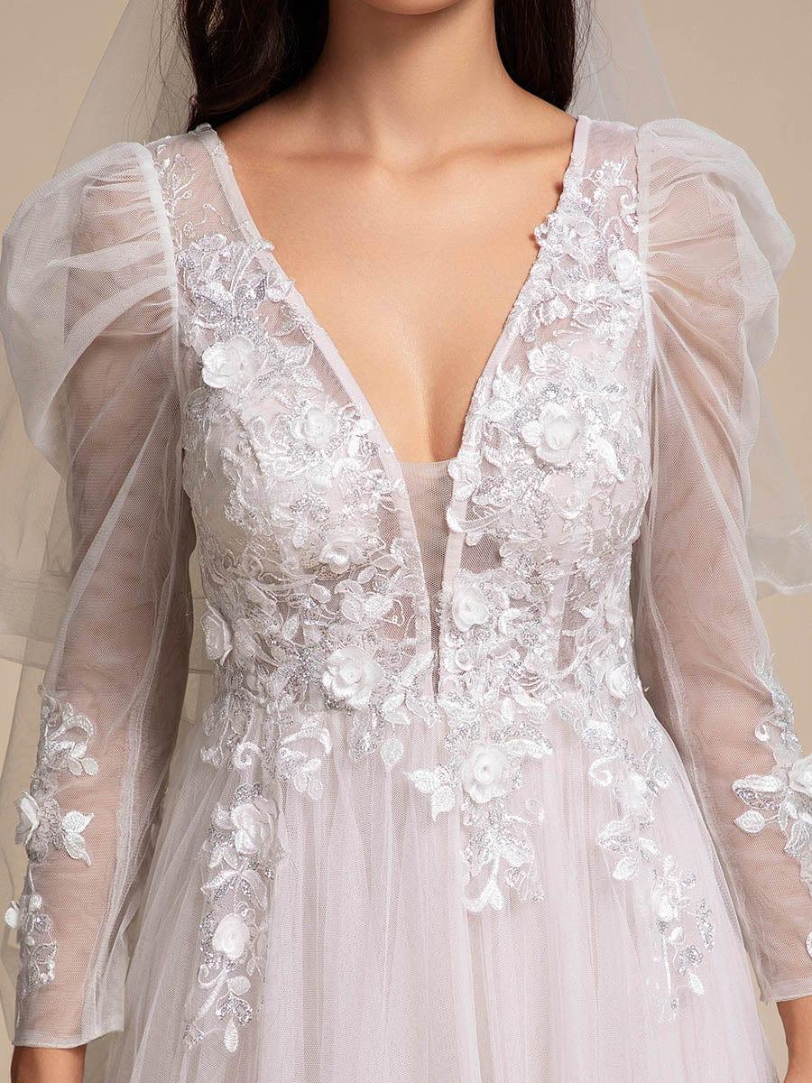 Plunging Neck Lace Applique Wedding Dress with Long Sleeves