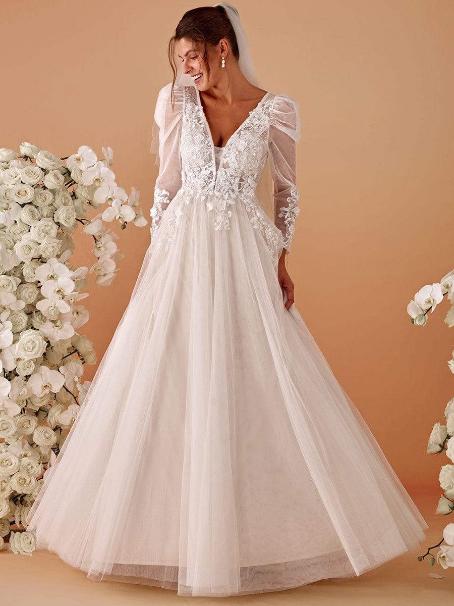 Plunging Neck Lace Applique Wedding Dress with Long Sleeves