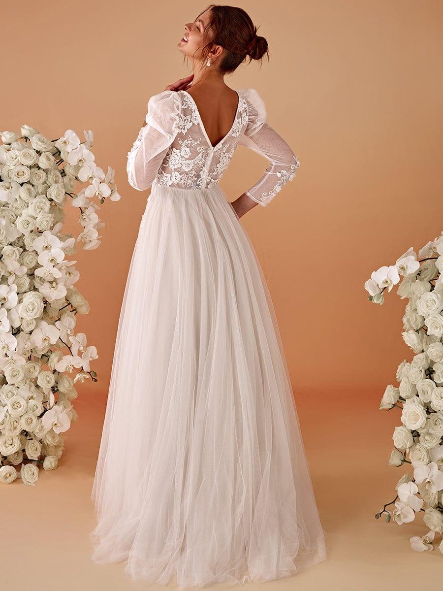 Plunging Neck Lace Applique Wedding Dress with Long Sleeves