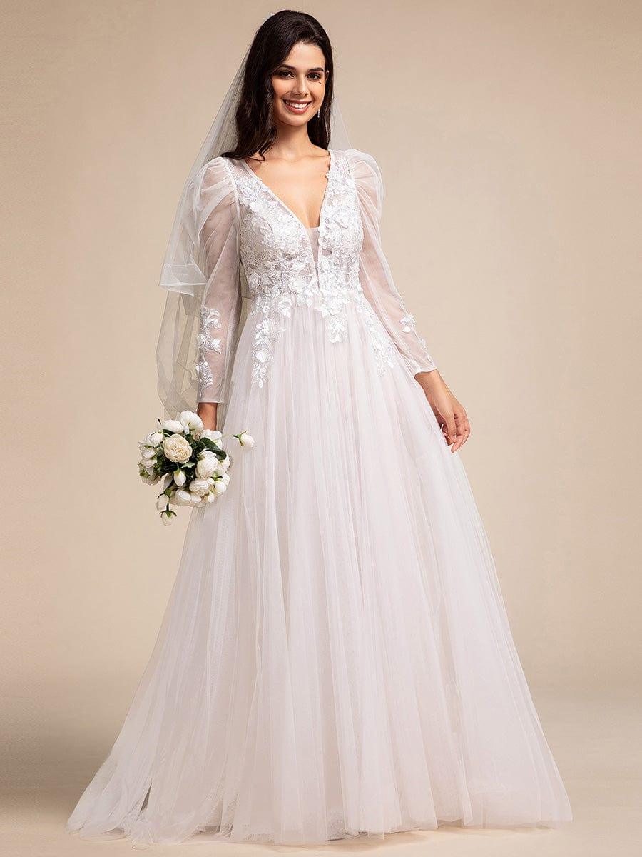 Plunging Neck Lace Applique Wedding Dress with Long Sleeves