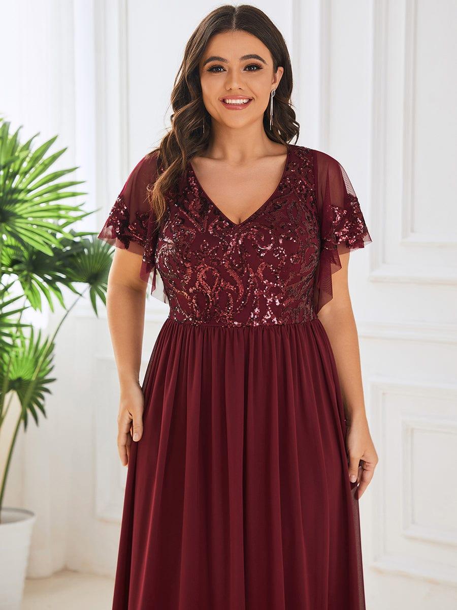 Plus Size V-Neck Sequin A-Line Mother of the Bride Dress