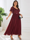 Plus Size V-Neck Sequin A-Line Mother of the Bride Dress