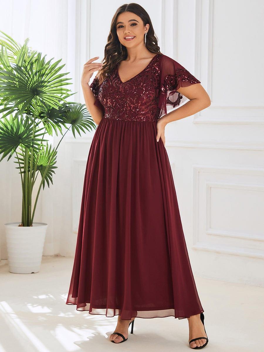 Plus Size V-Neck Sequin A-Line Mother of the Bride Dress