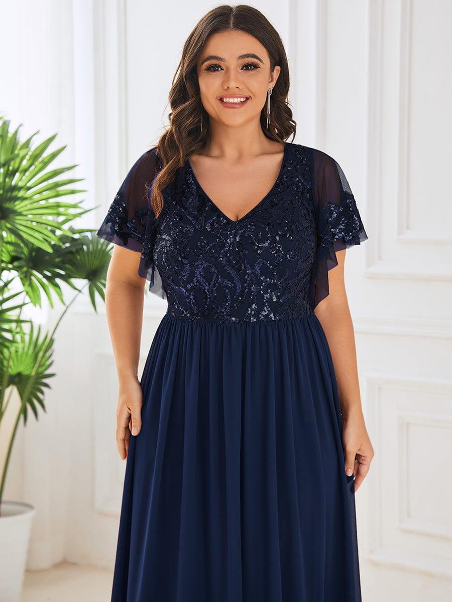 Classy V-Neck A-Line Chiffon Midi Formal Dress with Short Sleeves