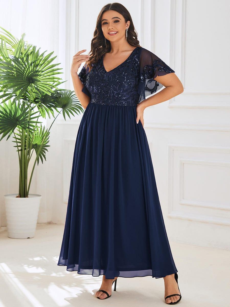 Plus Size V-Neck Sequin A-Line Mother of the Bride Dress