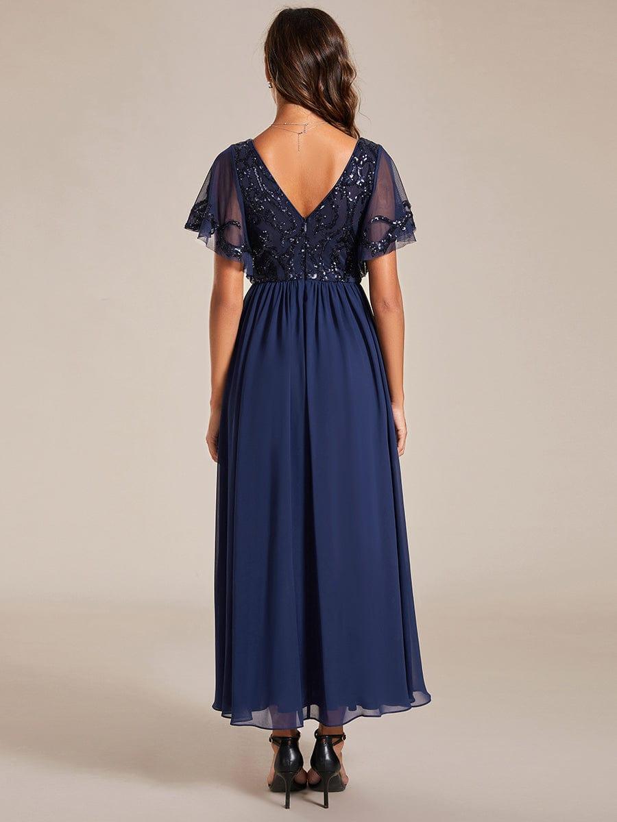 Classy V-Neck A-Line Chiffon Midi Formal Dress with Short Sleeves