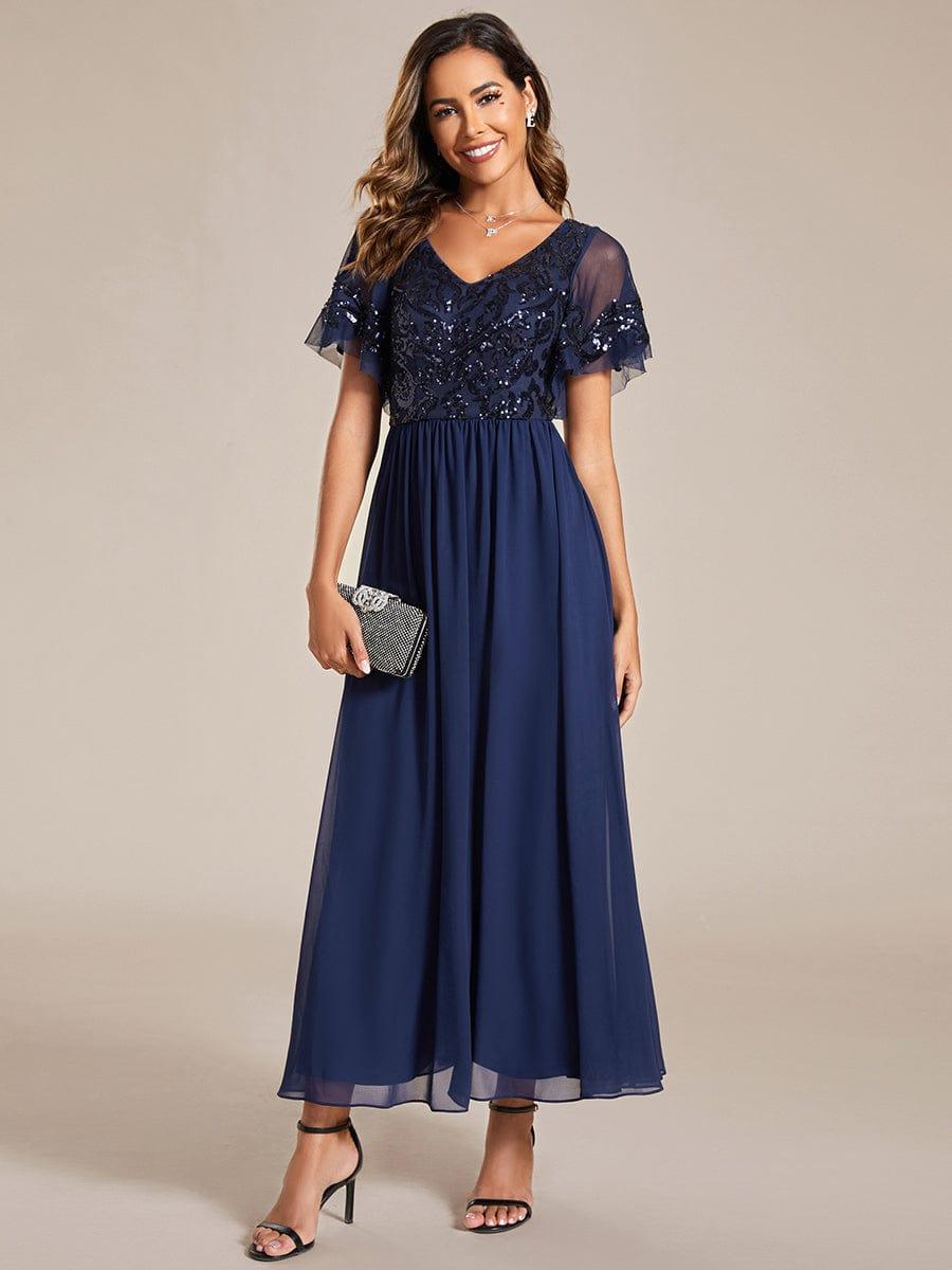Classy V-Neck A-Line Chiffon Midi Formal Dress with Short Sleeves