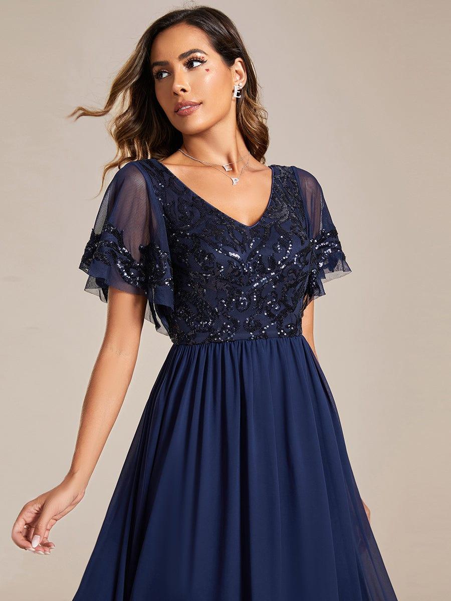 Classy V-Neck A-Line Chiffon Midi Formal Dress with Short Sleeves