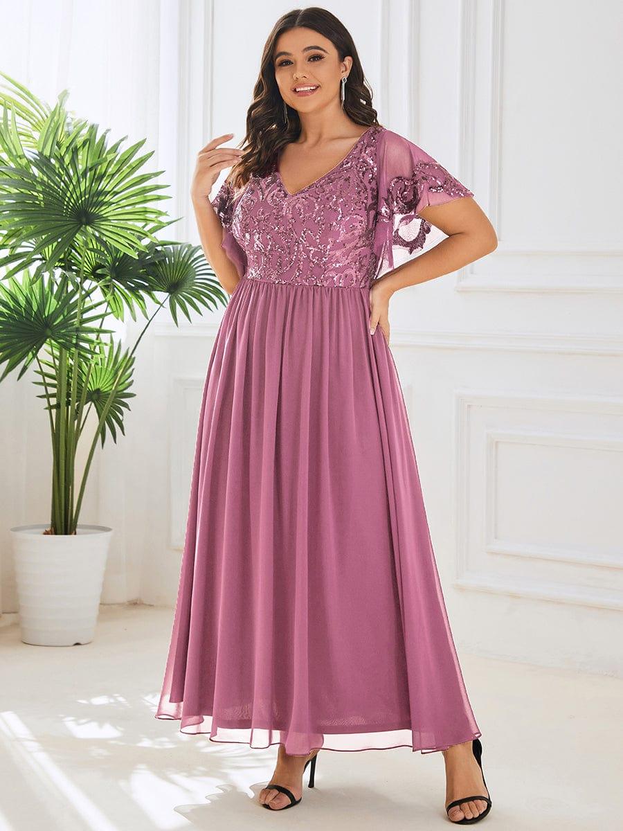 Plus Size V-Neck Sequin A-Line Mother of the Bride Dress