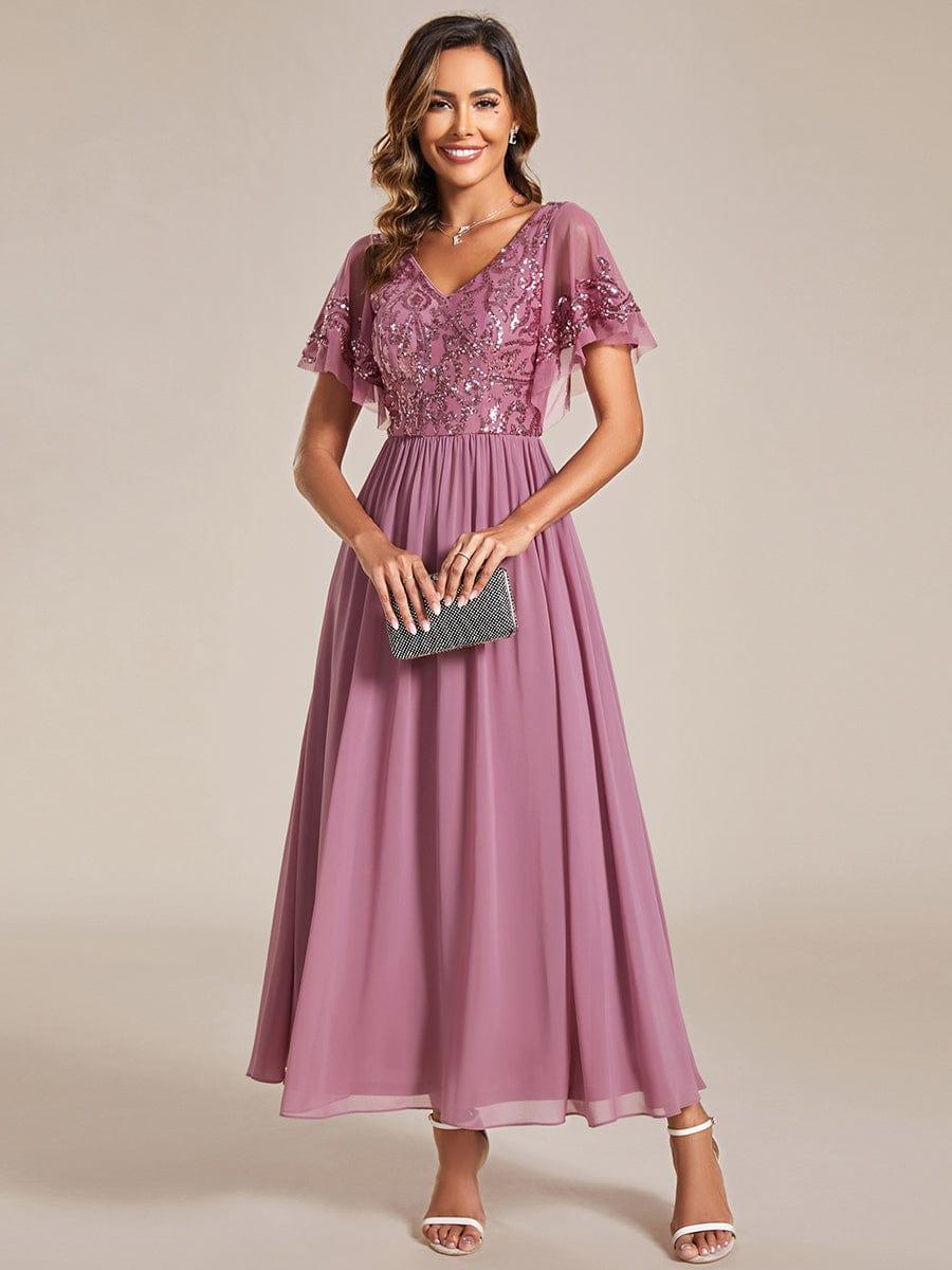 Elegant V-Neck Sequin Top A-Line Mother of the Bride Dress