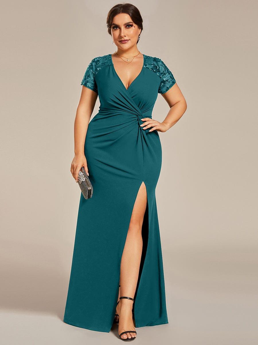 Plus Size V-Neck Pleated Slit Mermaid Mother of the Bride Dress