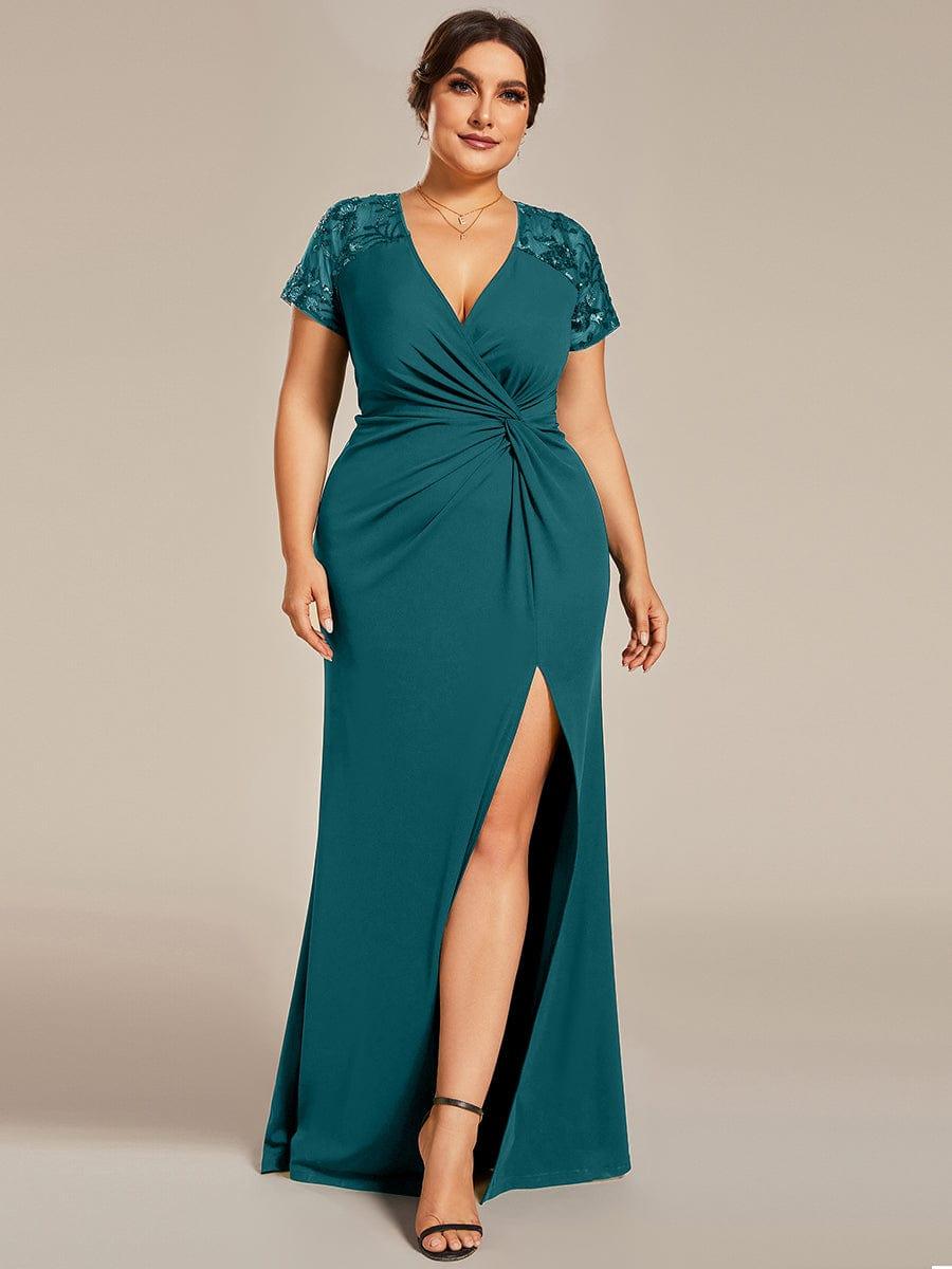Plus Size V-Neck Pleated Slit Mermaid Mother of the Bride Dress