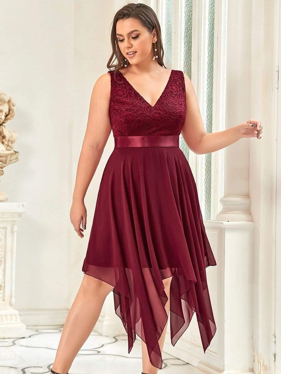 Plus Size V-Neck Lace Asymmetrical A-Line Prom Dress