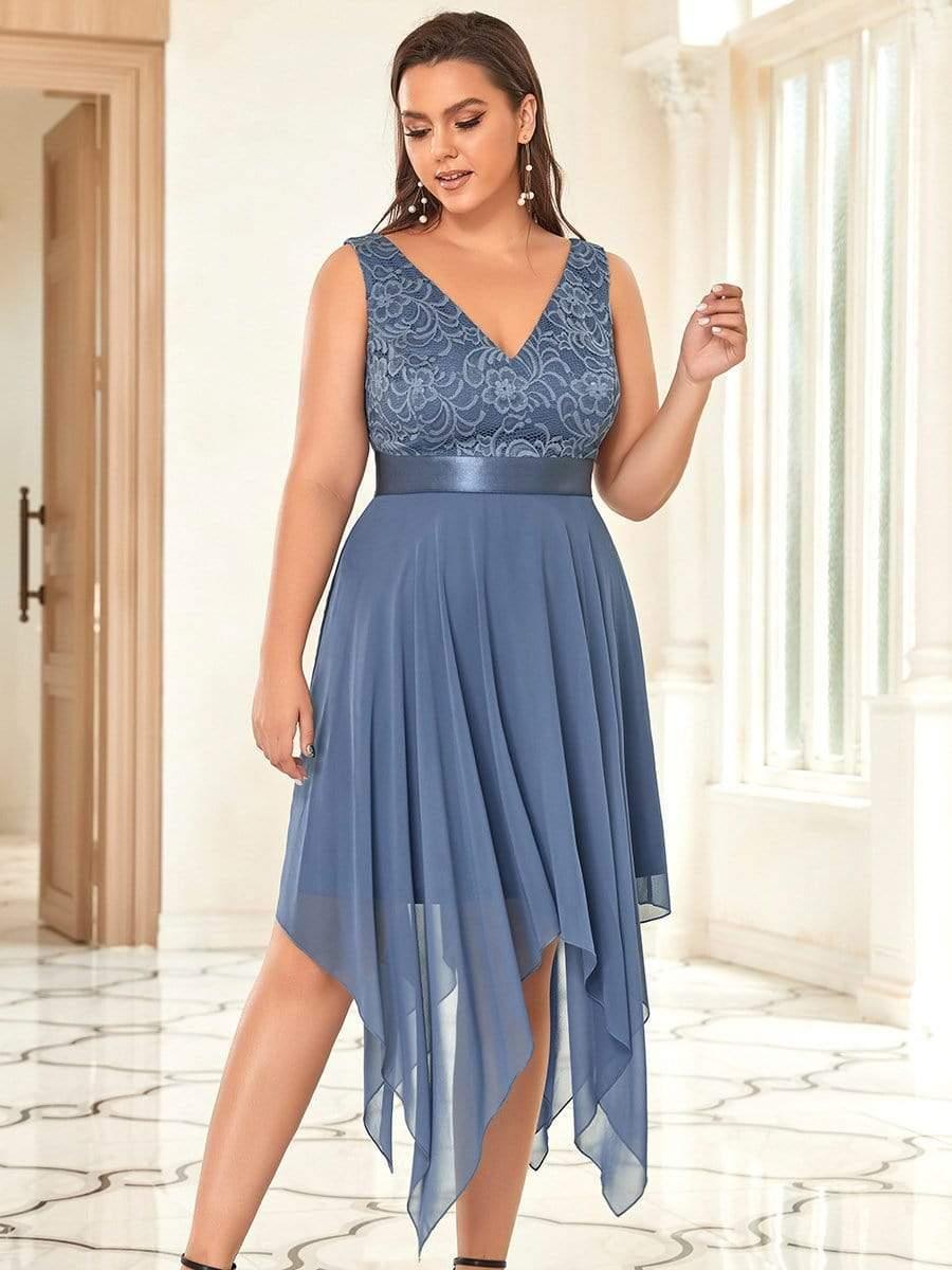 Plus Size V-Neck Lace Asymmetrical A-Line Prom Dress