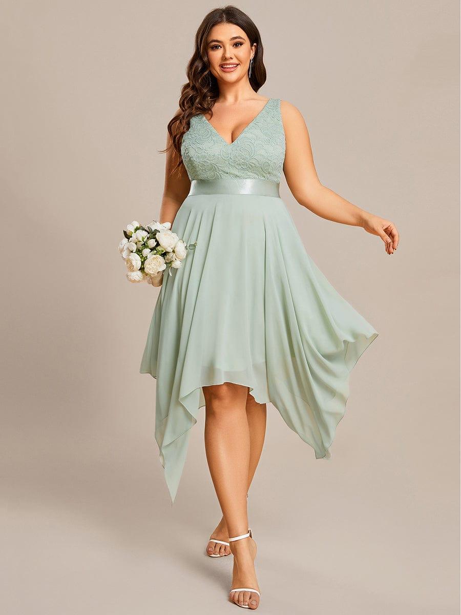 Plus Size V-Neck Lace Asymmetrical A-Line Prom Dress
