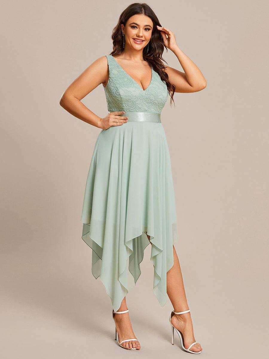 Plus Size V-Neck Lace Asymmetrical A-Line Prom Dress