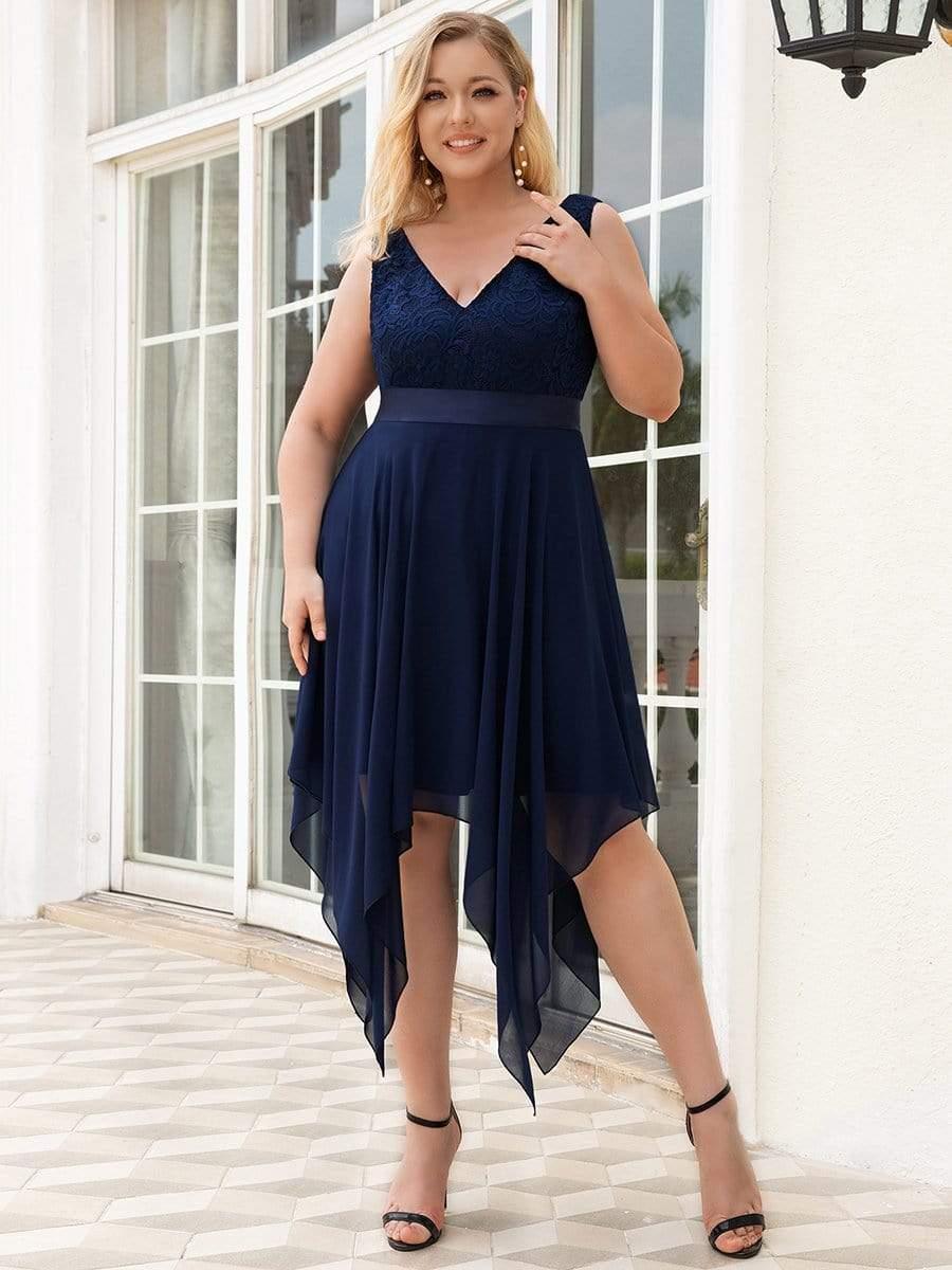 Plus Size V-Neck Lace Asymmetrical A-Line Prom Dress
