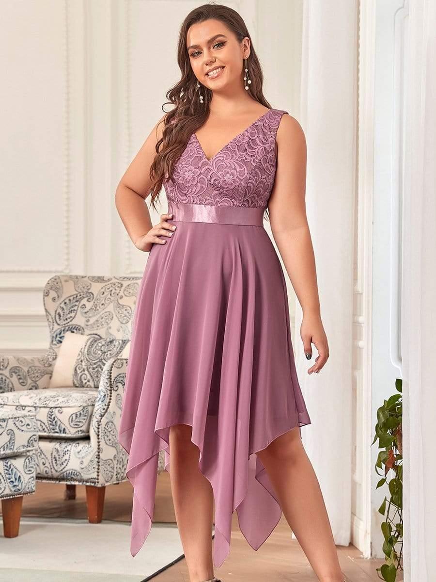 Plus Size V-Neck Lace Asymmetrical A-Line Prom Dress