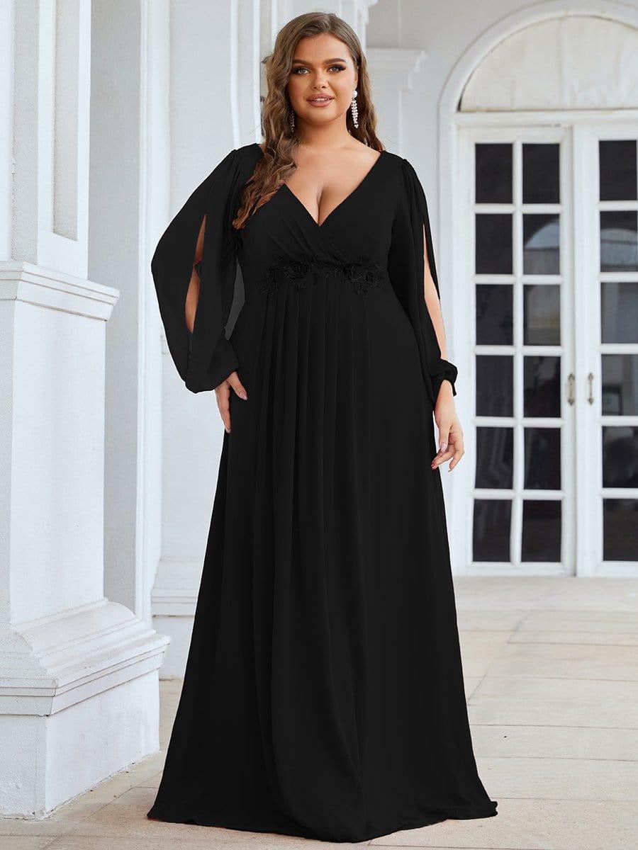 Cream V-Neck Chiffon Formal Evening Dress with Long Sleeve  #color_Black