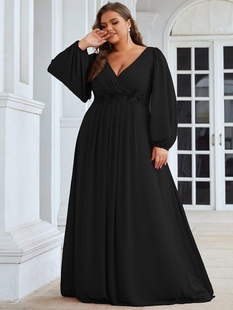  Plus Size Black V-Neck Evening Dress with Long Sleeves #color_Black