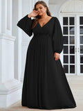  Plus Size Black V-Neck Evening Dress with Long Sleeves #color_Black