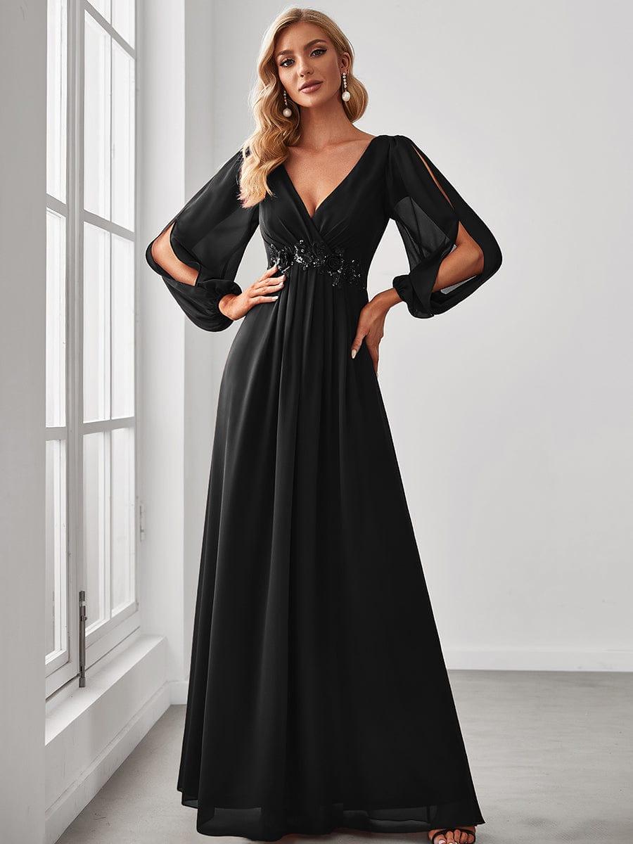 Cream V-Neck Chiffon Formal Evening Dress with Long Sleeve  #color_Black