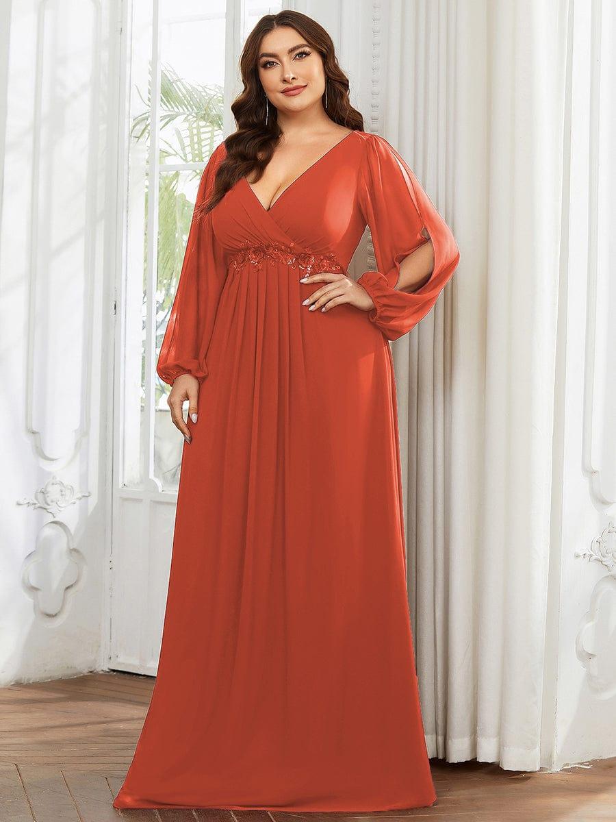 Elegant Applique Chiffon Formal Dres with Long Sleeve #color_Burnt Orange